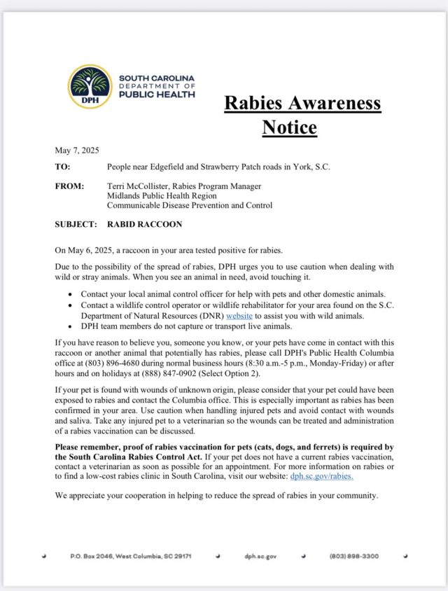 Rabid Raccoon Confirmed in York, SC, Public Health Officials Issue Warning