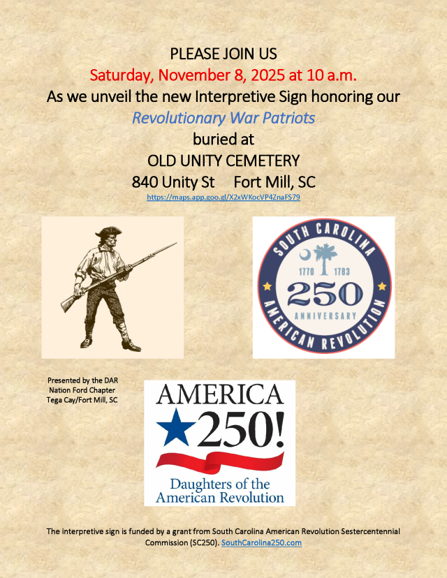 Nation Ford DAR (Tega Cay-Fort Mill) awarded SC250 American Revolution grant