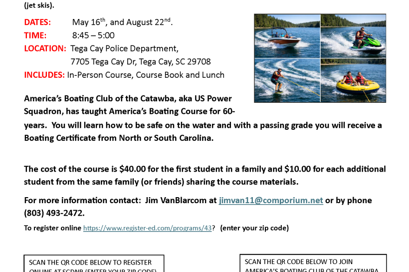 Boating Safety Course Offered in Tega Cay This Spring and Summer