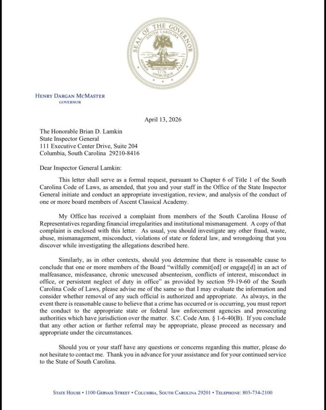 McMaster Asks State Inspector General To Investigate Ascent Classical Academy Board